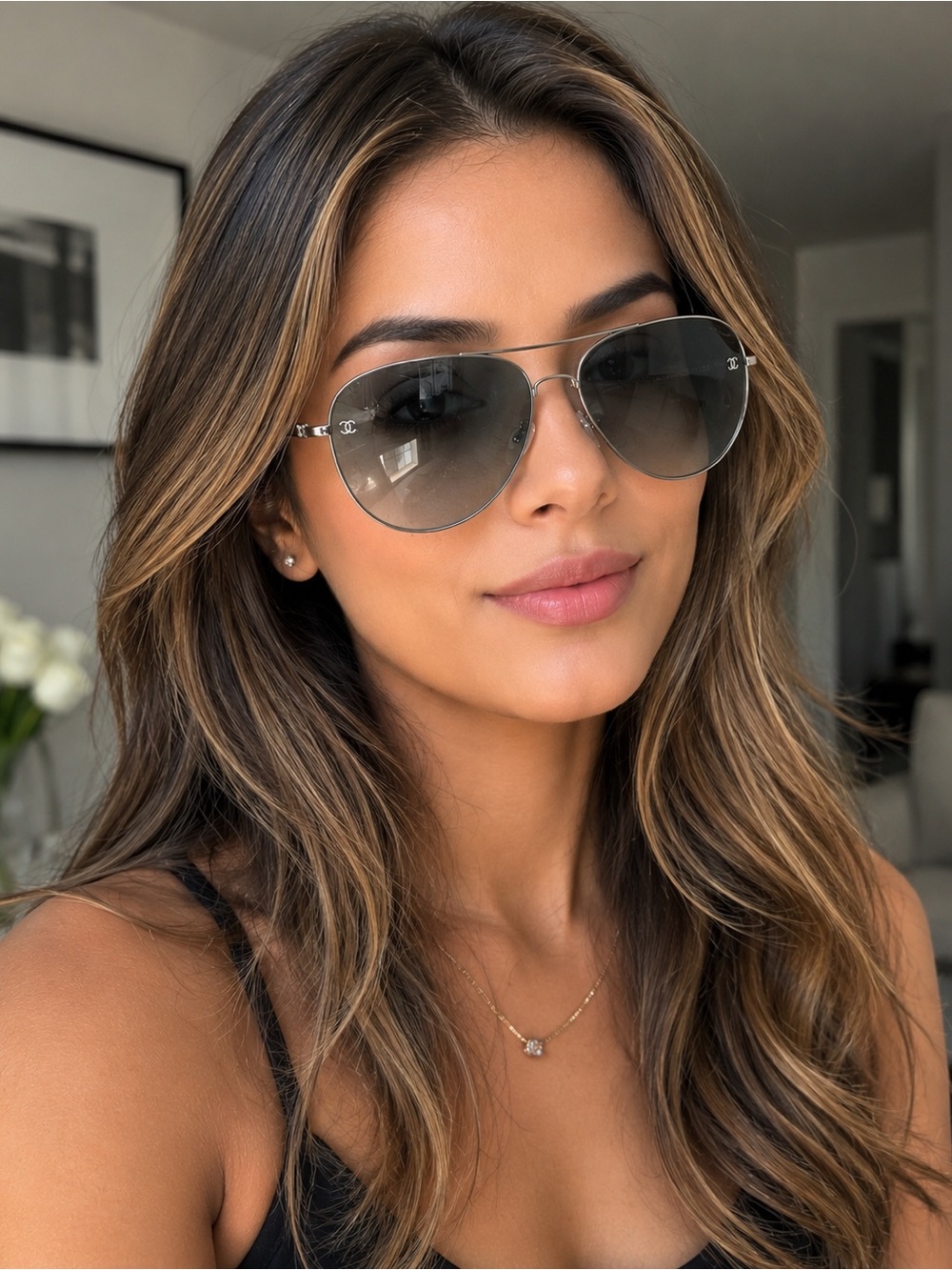 CHANEL Silver Aviator Sunglasses with Gradient Gray Lenses